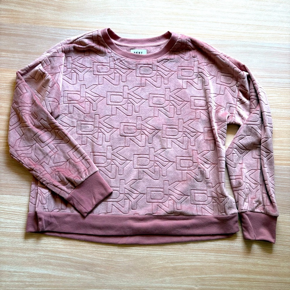 DNKY women's velour pink soft sweater with lettering long sleeve size large